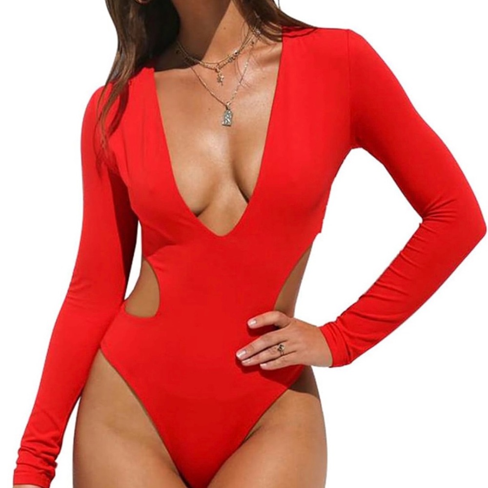 NWOT - Red Long Sleeve Bathing Suit Monokini Plunge V Neck Sexy Swimsuit